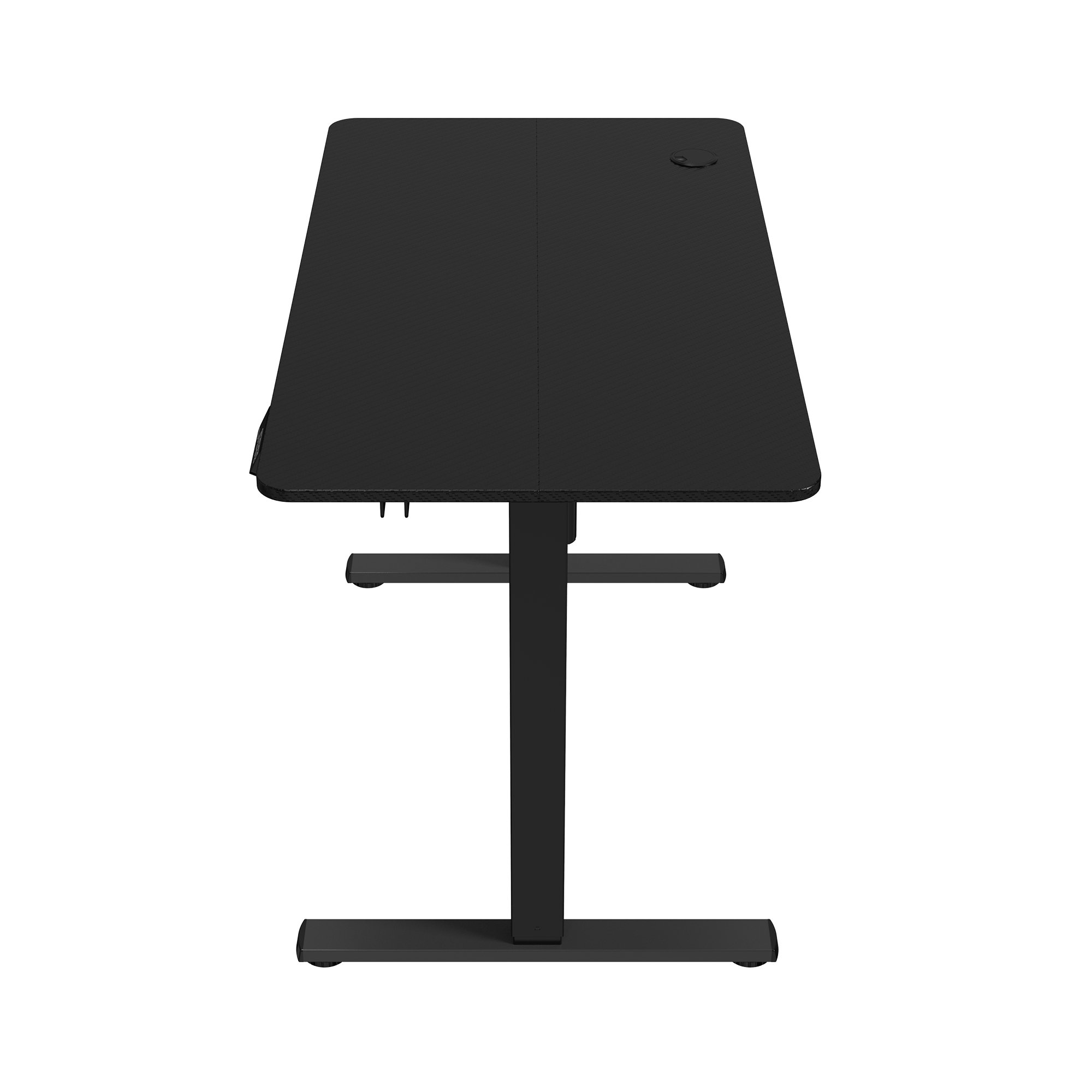 Un escritorio negro con una parte superior rectangular y un soporte central. El escritorio tiene un orificio para la gestión de cables.