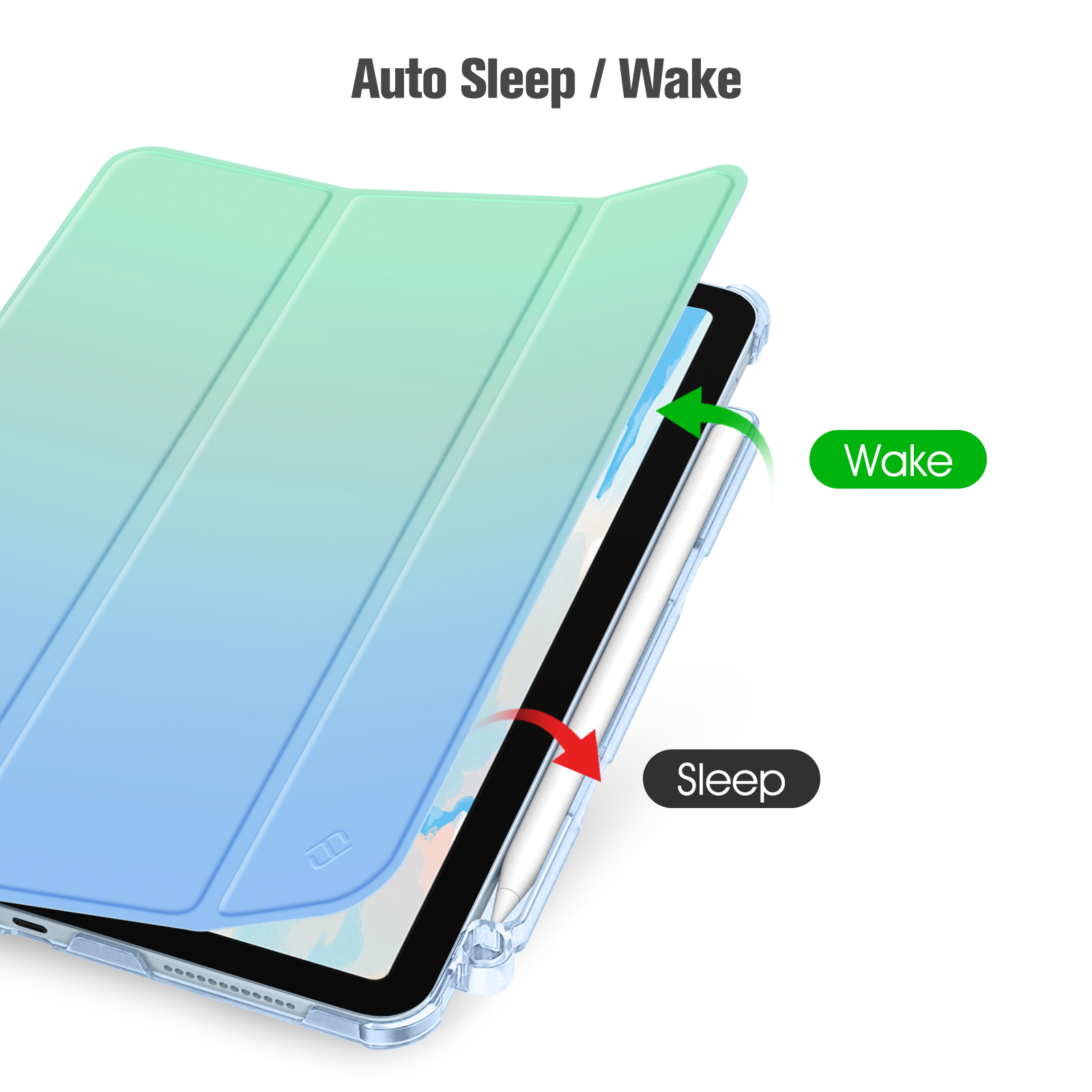 Tablet-Hülle mit Auto-Sleep/Wake-Funktion. Grün-blauer Deckel. Grüner Pfeil für Aufwachen, roter für Schlaf. Textbeschriftungen vorhanden.