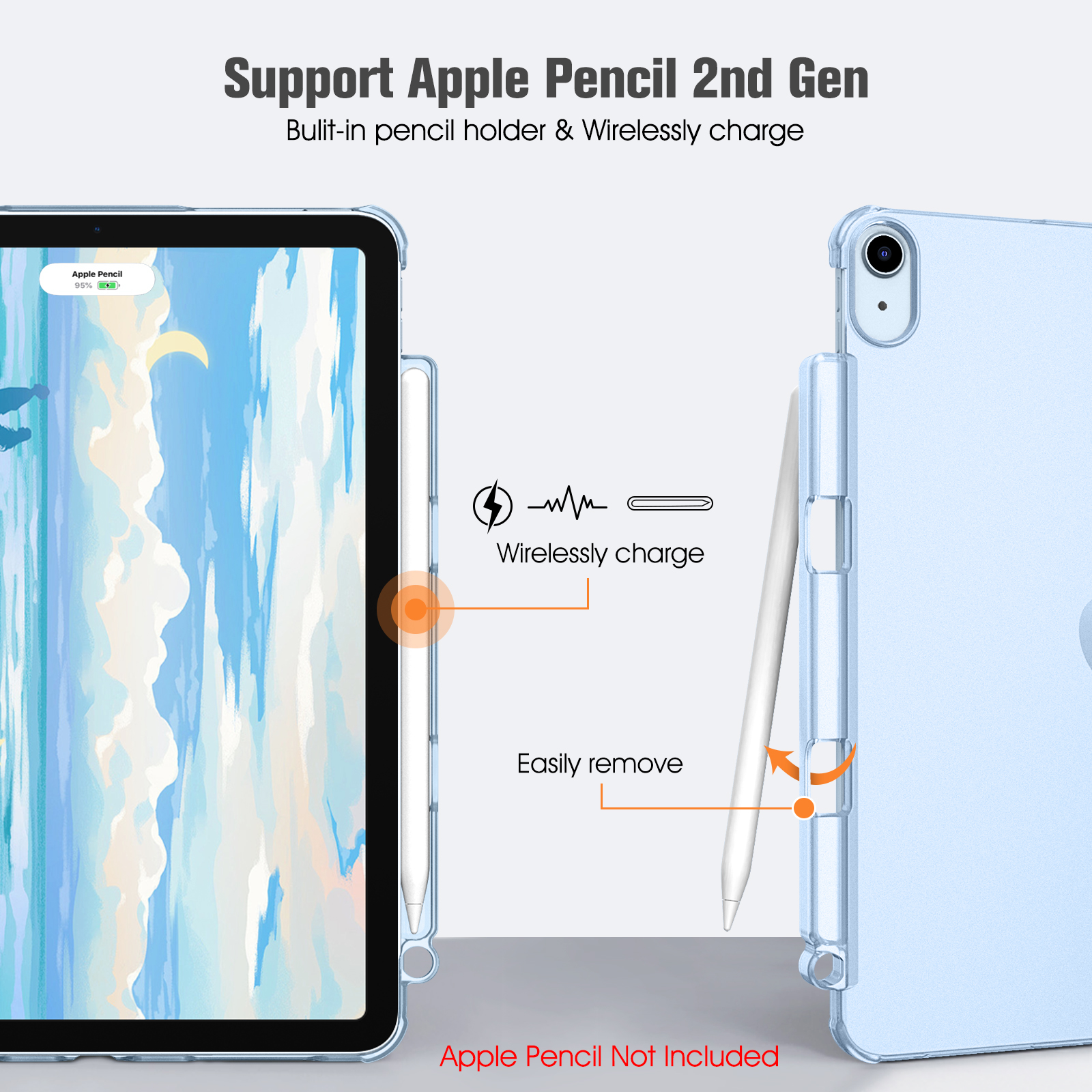 Ein iPad mit Stift, kabelloses Laden. Text zeigt Unterstützung für Apple Pencil 2. Generation und einfaches Entfernen.