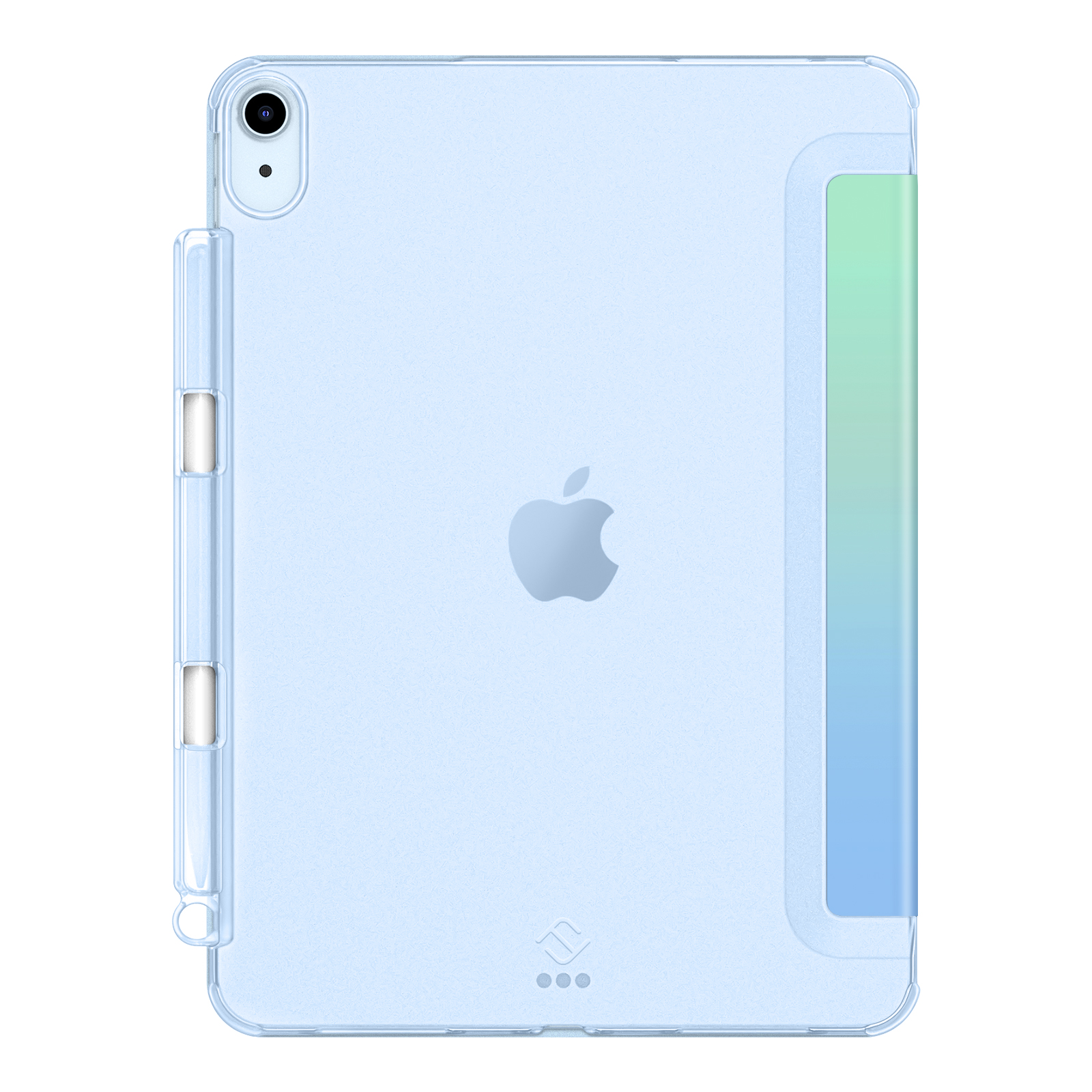 Hellblaues iPad mit klarer Hülle. Die Hülle hat einen grünen und blauen Farbverlauf. Apple-Logo sichtbar.