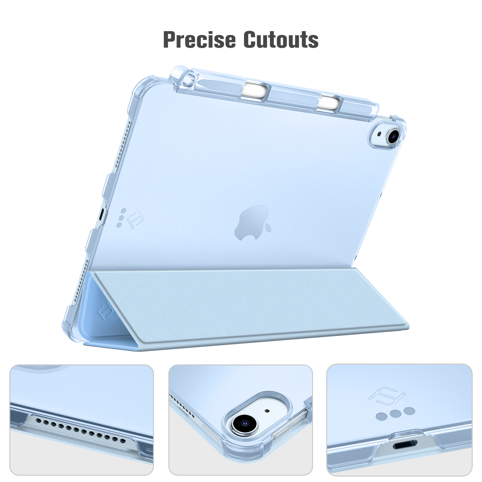 Hellblaues iPad mit klarer Schutzhülle und passendem Ständer. Die Hülle hat präzise Aussparungen. Apple-Logo sichtbar.