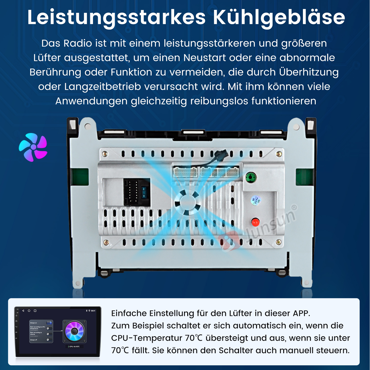 Autoradio mit Lüfter. Der Bildschirm zeigt die Lüftereinstellungen. Text auf Deutsch beschreibt Funktion und Steuerung.