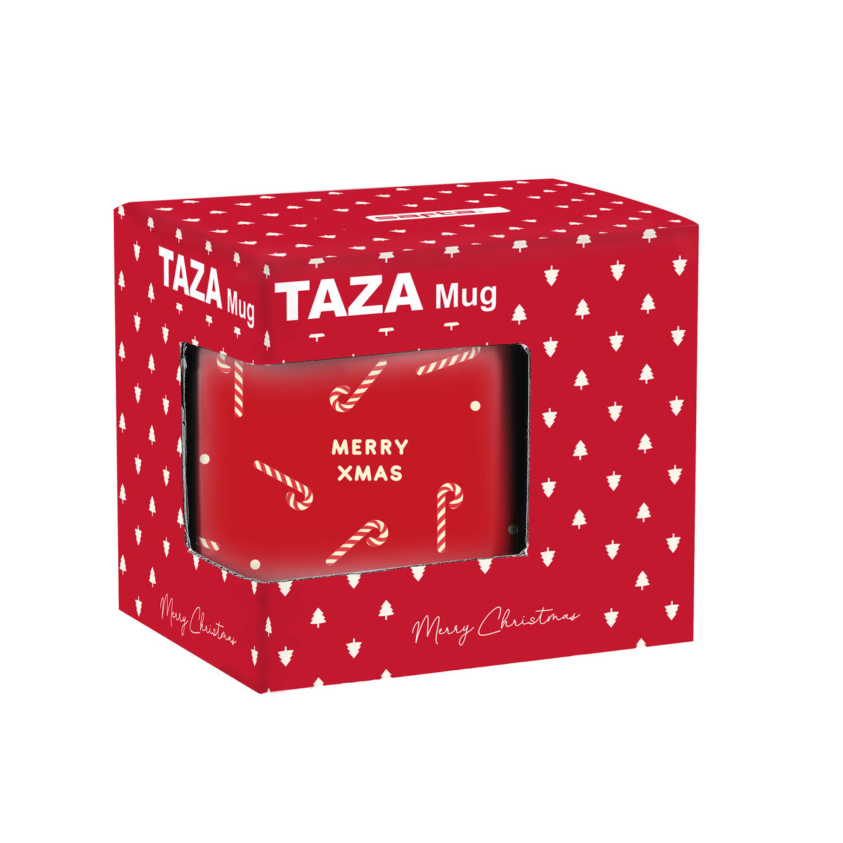 Ein roter Weihnachtstasse in einer roten Box. Die Tasse hat Zuckerstangen und Frohe Weihnachten Text. Die Box hat ein weißes Tannenbaum Muster.