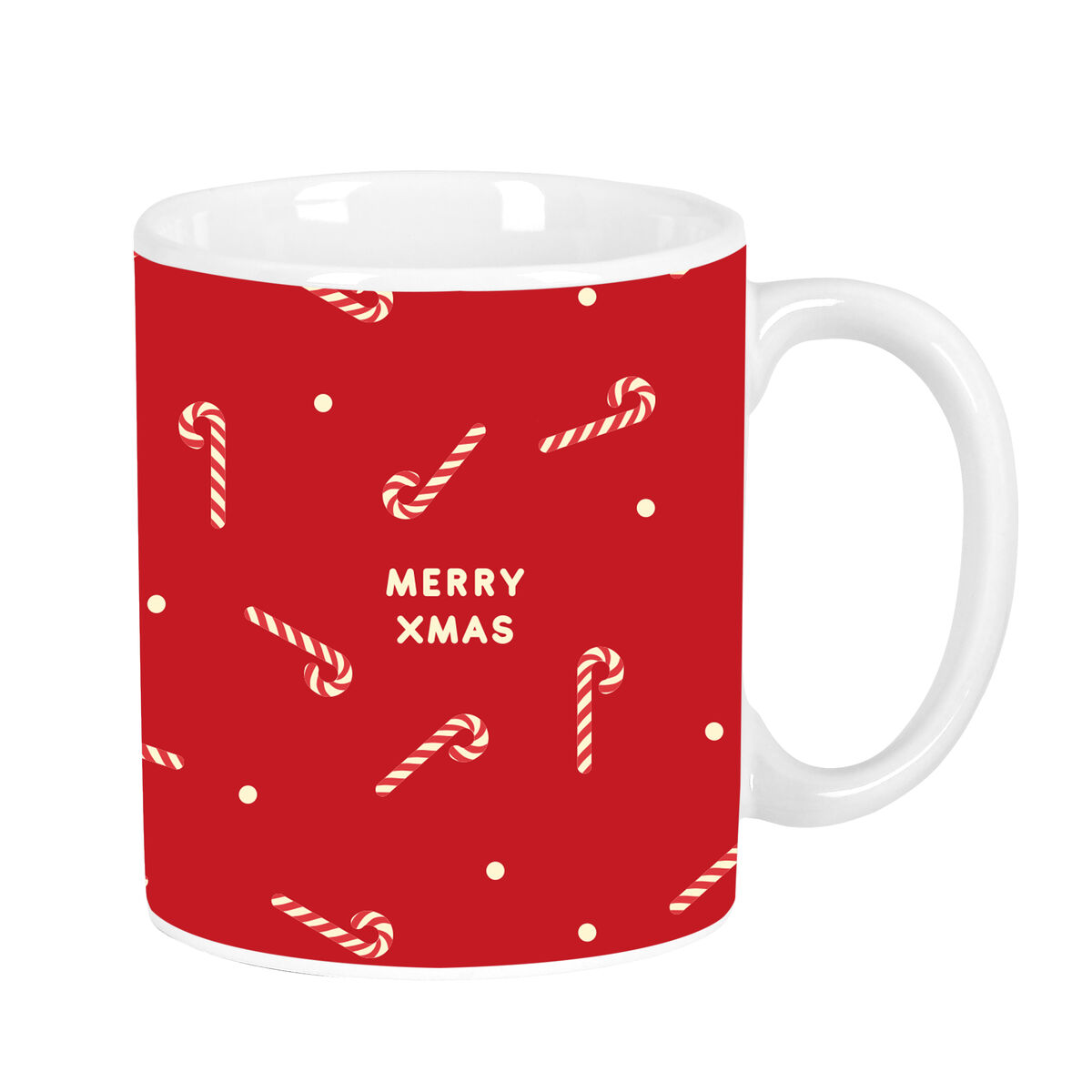 Eine weiße Tasse mit rotem Hintergrund. Zuckerstangen und weiße Punkte sind über die Tasse verteilt, mit 'Merry Xmas' in der Mitte.