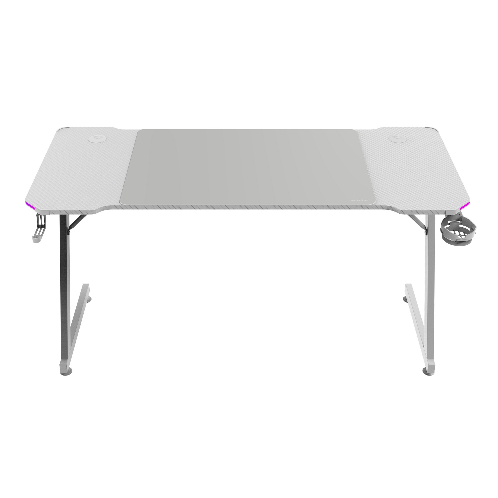 Escritorio gaming blanco con centro gris. Incluye portavasos, gestión de cables y detalles LED. Las patas son plateadas.