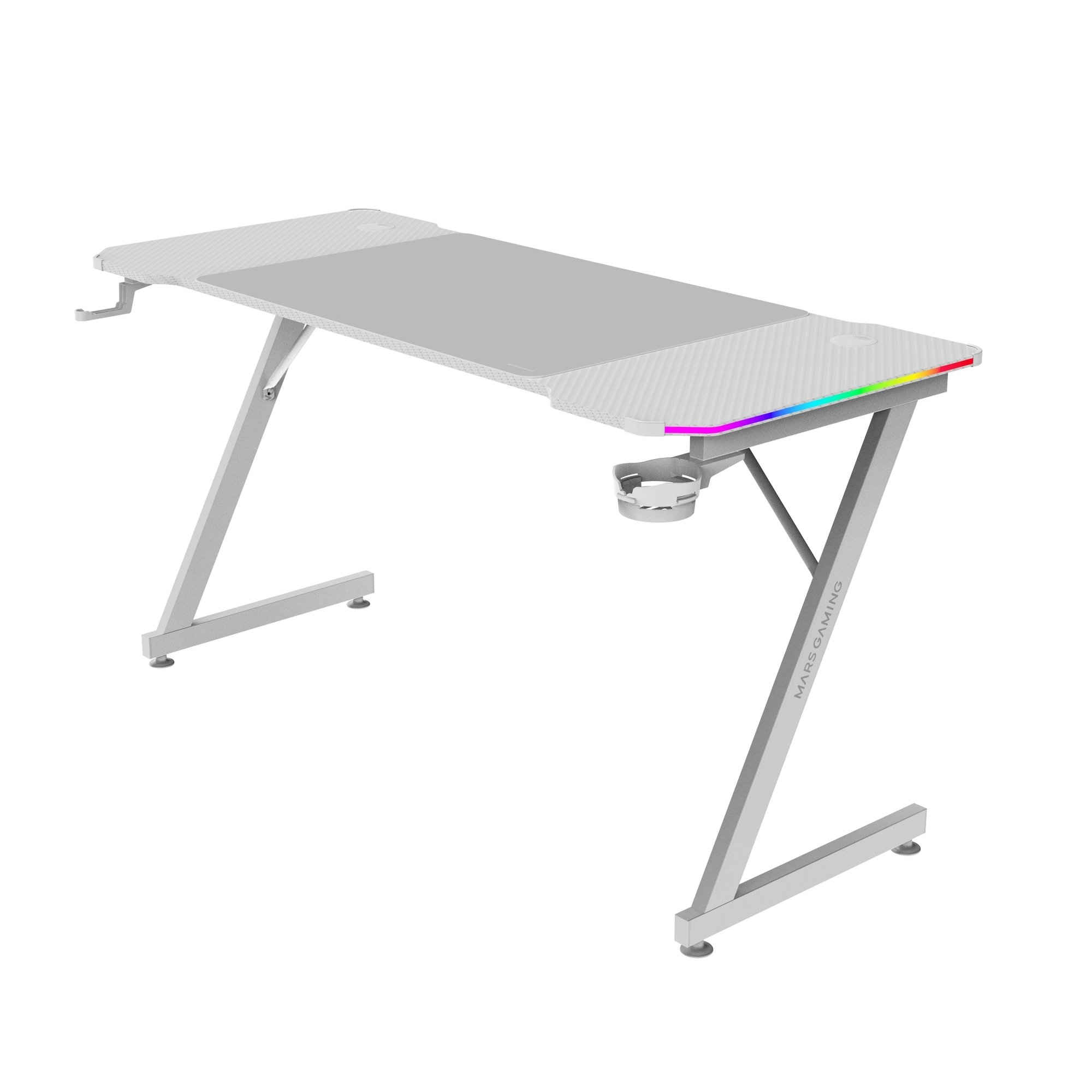 Un escritorio gaming blanco con centro gris, portavasos e iluminación RGB en el borde, sobre fondo blanco.