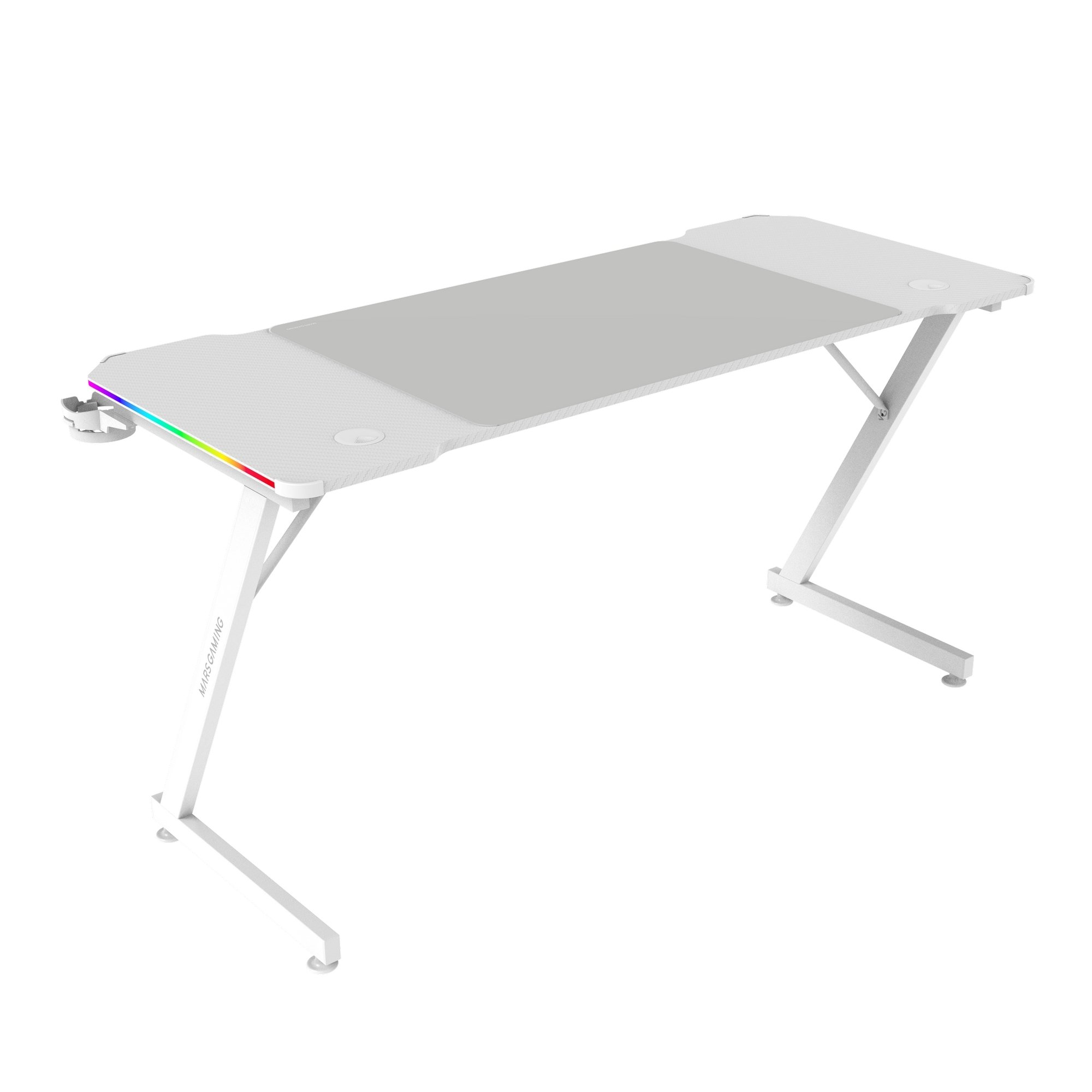 Un escritorio gaming blanco con una almohadilla central gris, borde LED arcoíris y portavasos. Tiene un diseño de patas en forma de Z.