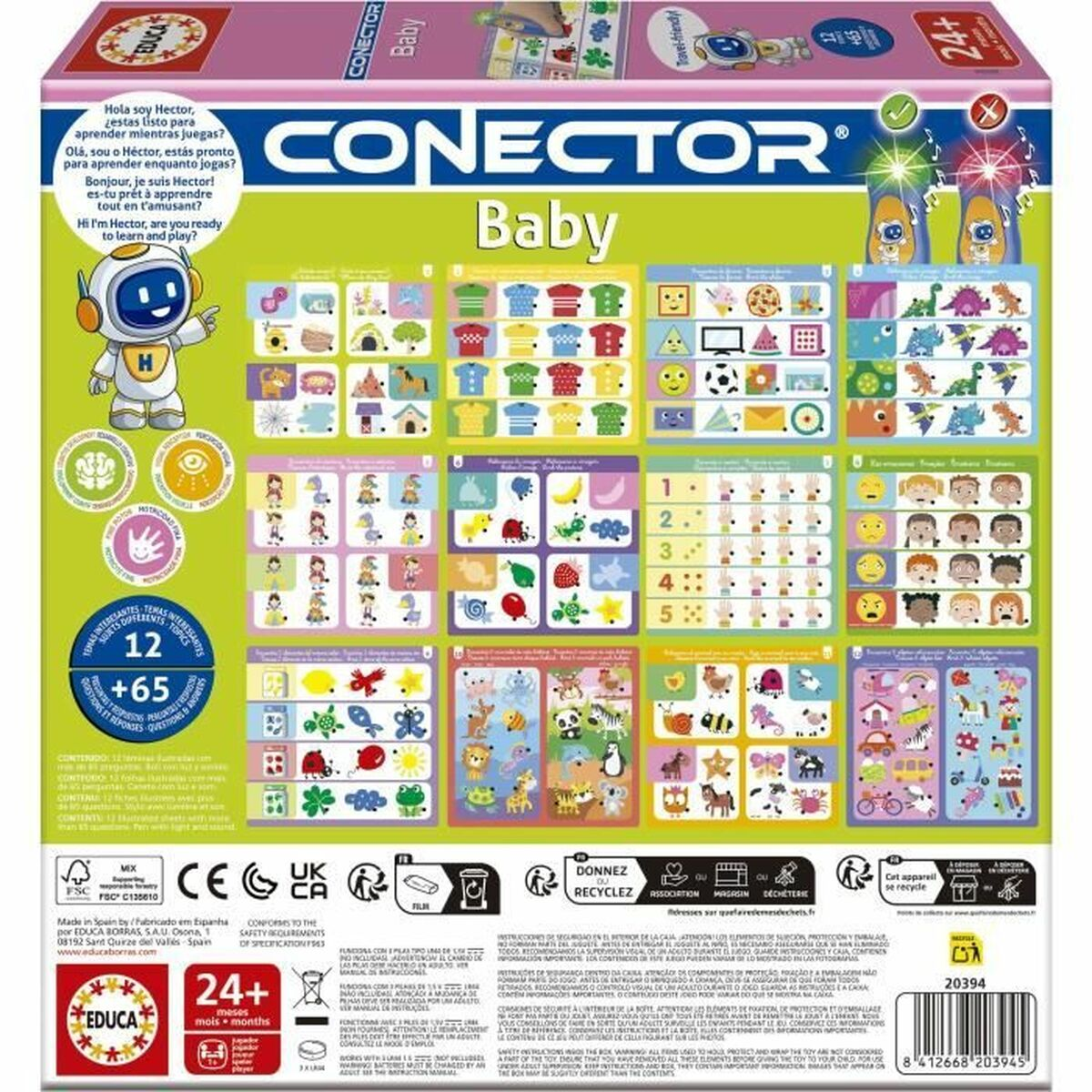 Kiste eines Babyspielzeugs mit bunten Bildern, Text und Logos.