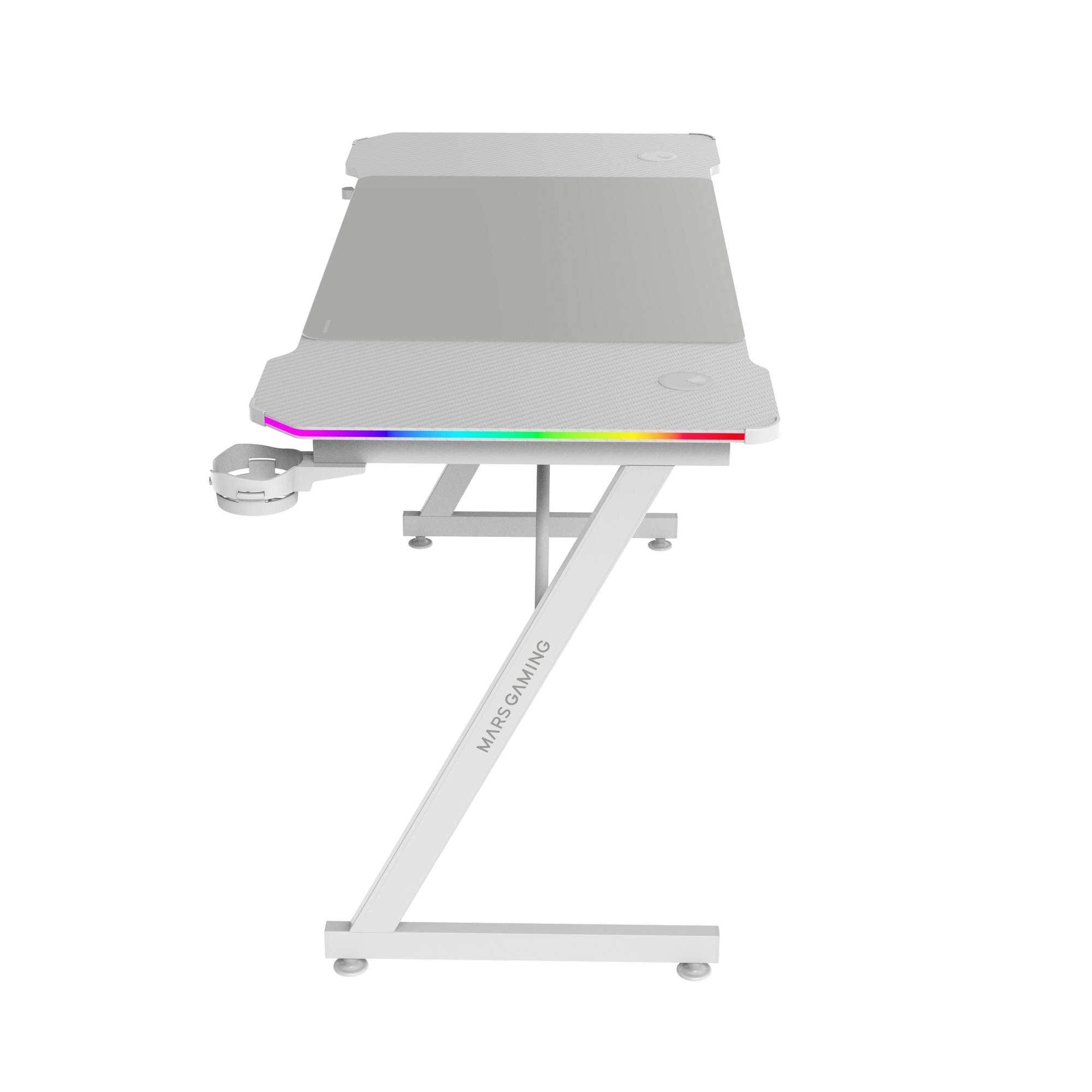 Escritorio gaming blanco con iluminación RGB. Logo 'MARS GAMING' en la pata. Incluye portavasos.
