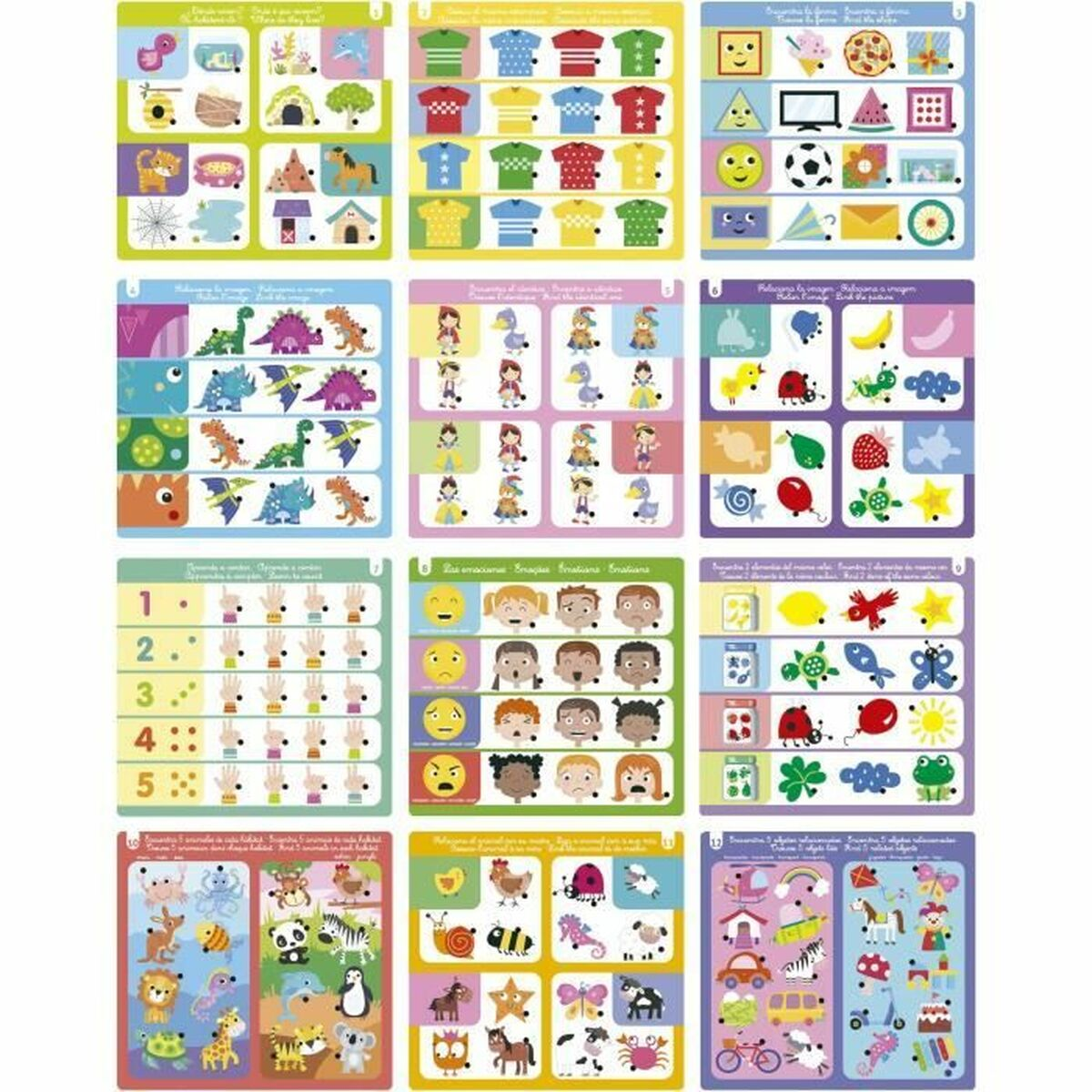 Eine farbenfrohe Lerntafel mit verschiedenen Bildern, darunter Tiere, Kleidung, Essen und Zahlen, in einem Raster angeordnet.