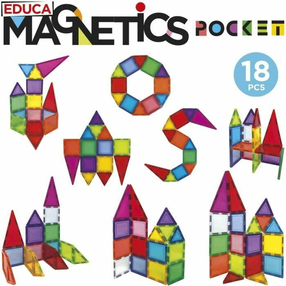 Bunte Magnetfliesen bilden Strukturen, einen Kreis und den Buchstaben S. Das Wort 'MAGNETICS' und '18 PCS' sind ebenfalls vorhanden.