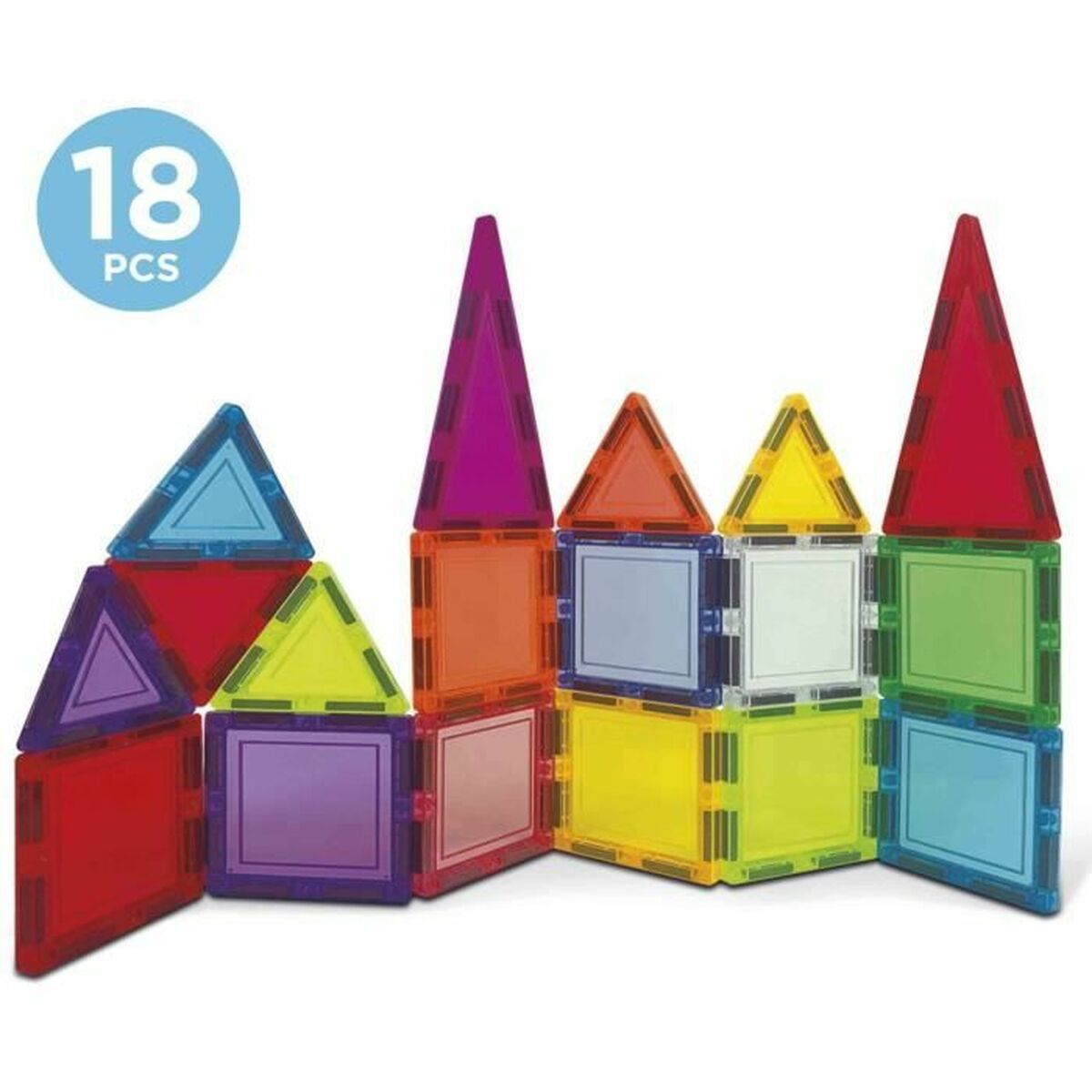 Bunte magnetische Bausteine. Enthält Dreiecke und Quadrate in verschiedenen Farben, angeordnet wie Häuser.