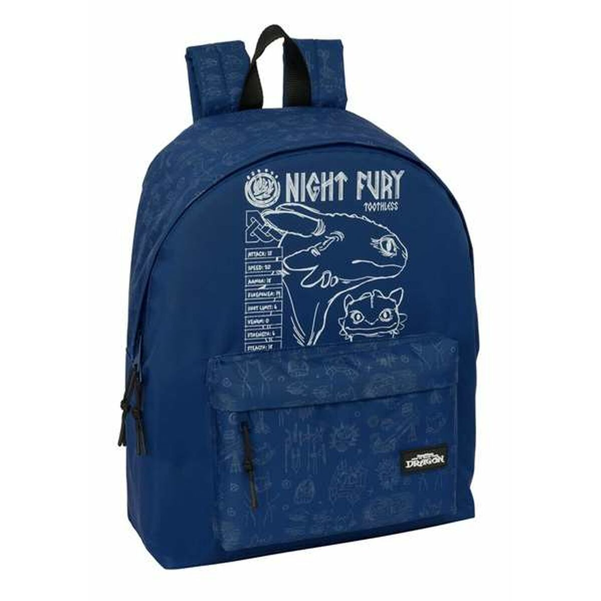 Blauer Rucksack mit Night Fury-Design. Er hat eine Vordertasche mit Reißverschluss und einen oberen Griff.