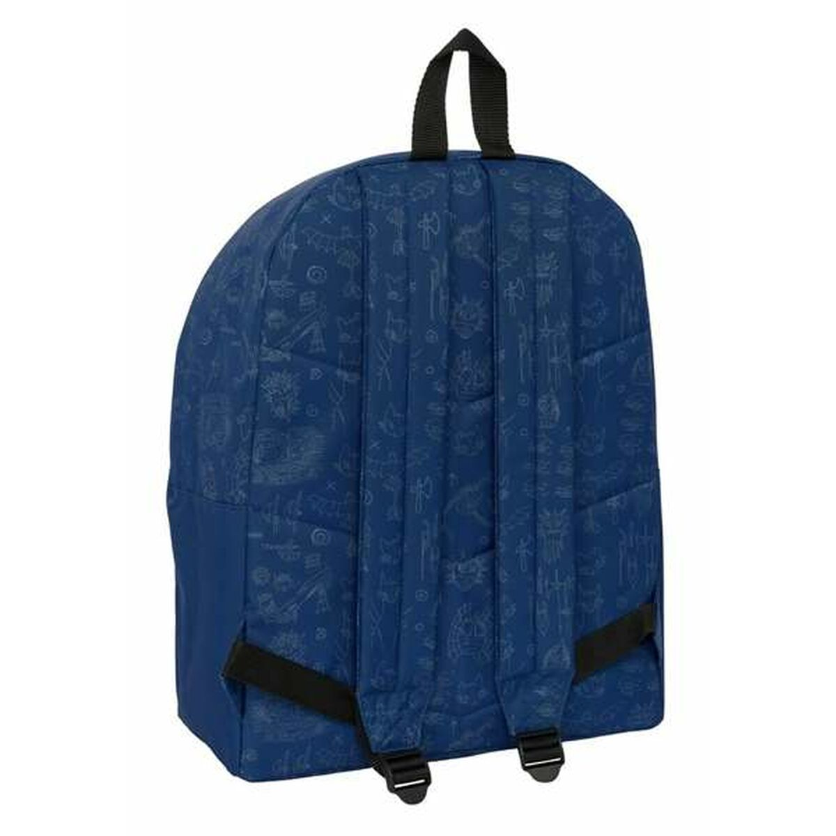 Ein blauer Rucksack mit schwarzen Griffen und Trägern, verziert mit schwachen Illustrationen. Der Rucksack ist abgewinkelt.