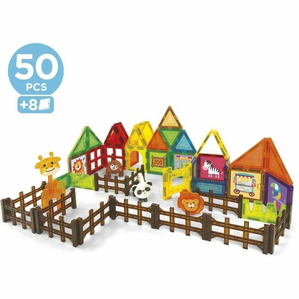 Un colorato set zoo con animali e blocchi magnetici. Include una giraffa, un leone, una zebra e un panda. Una recinzione in legno circonda le strutture.