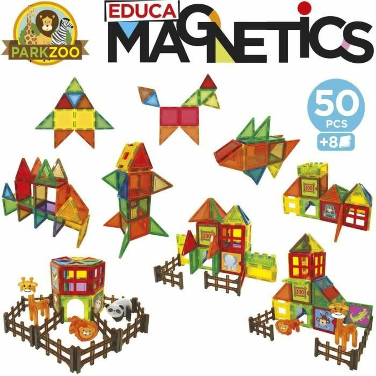 Set di giocattoli magnetici con figure di animali ed edifici fatti di forme geometriche colorate. Include un logo Park Zoo.