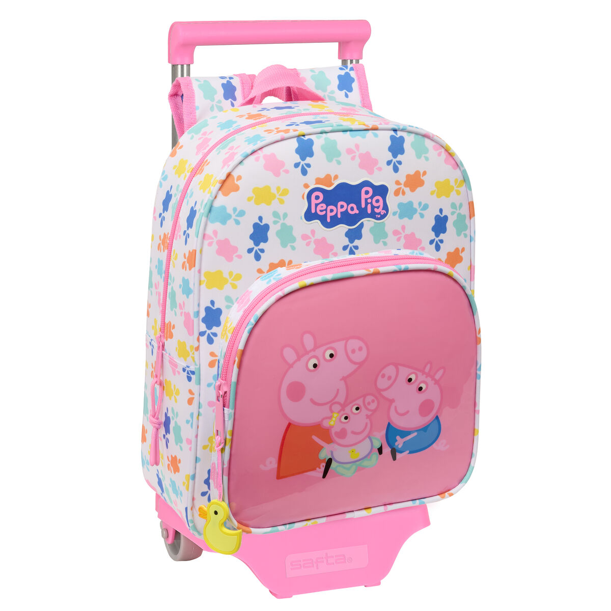 Ein pinkfarbener Peppa Pig-Rollrucksack mit buntem Blumenmuster und einer Peppa Pig-Familienillustration auf der Vorderseite.