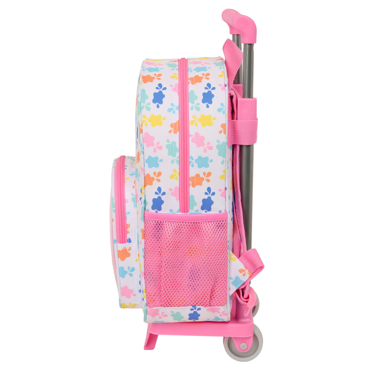 Ein rosa-weißer Rollrucksack mit buntem Blumenmuster. Er hat eine Netztasche und einen ausziehbaren Griff.