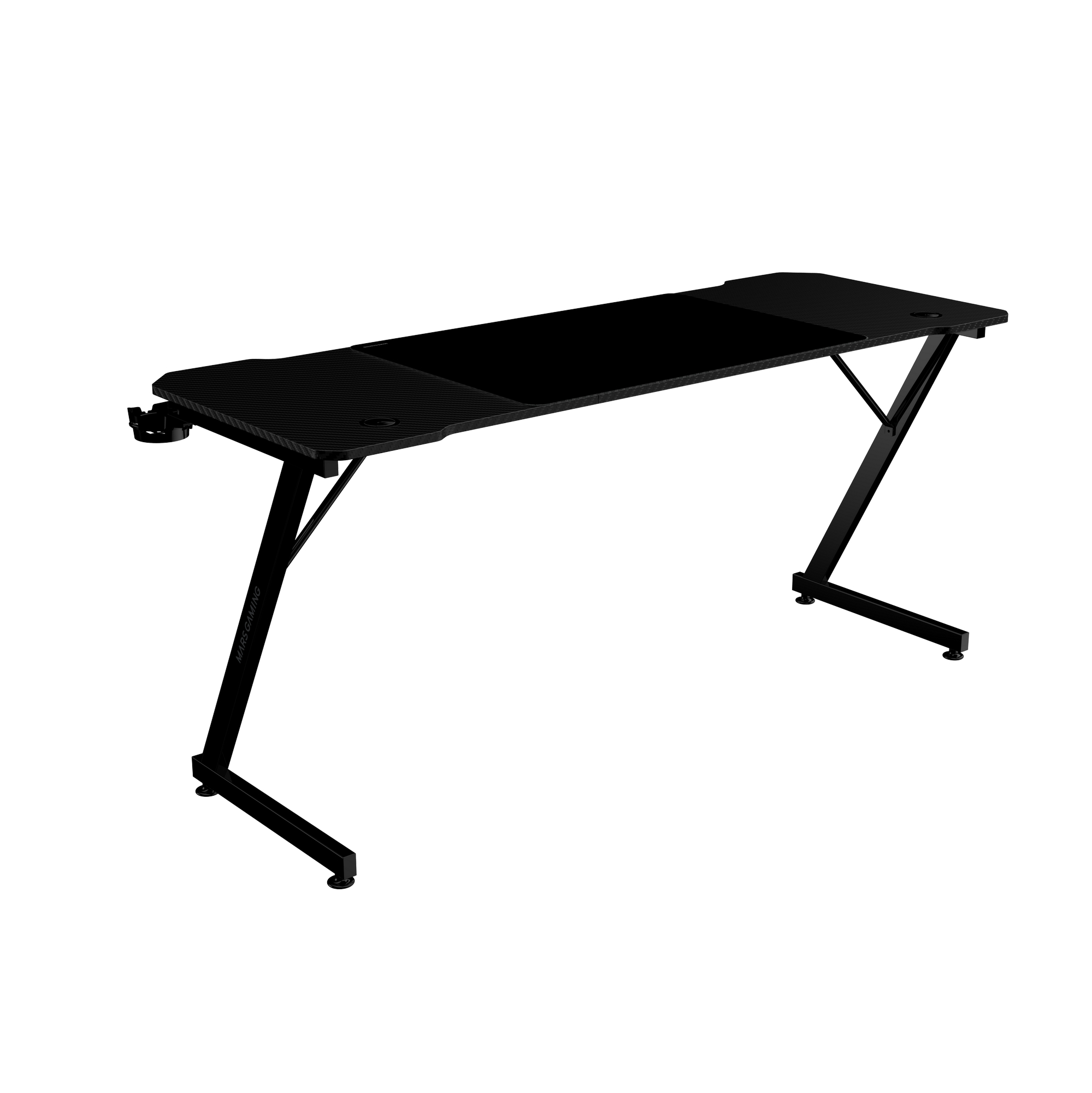 Escritorio de juego negro con textura de fibra de carbono, patas en forma de Z y un portavasos, sobre fondo blanco.