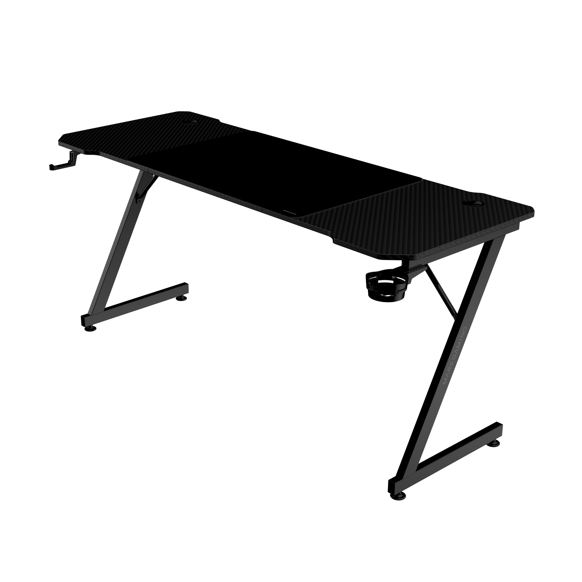 Escritorio gaming negro con superficie de fibra de carbono, portavasos y gancho para auriculares. Patas en forma de Z sobre fondo blanco.