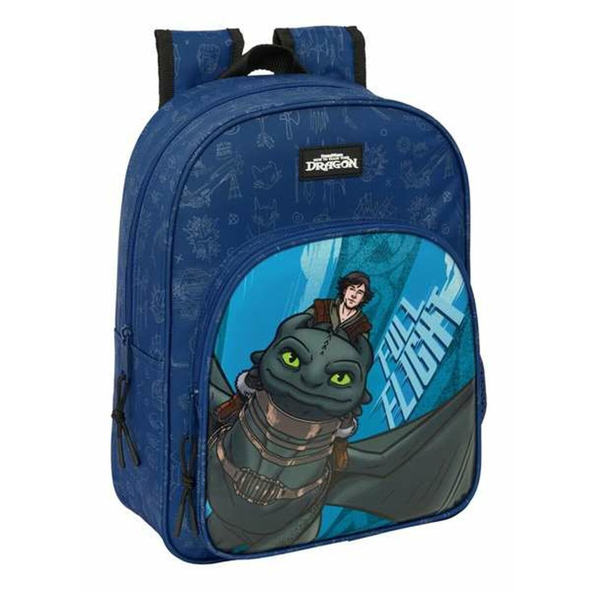 Ein blauer Rucksack mit einem Drachen und einer Person, die ihn reitet. Die Worte 'Full Flight' stehen auf dem Rucksack. Der Rucksack hat mehrere Taschen.