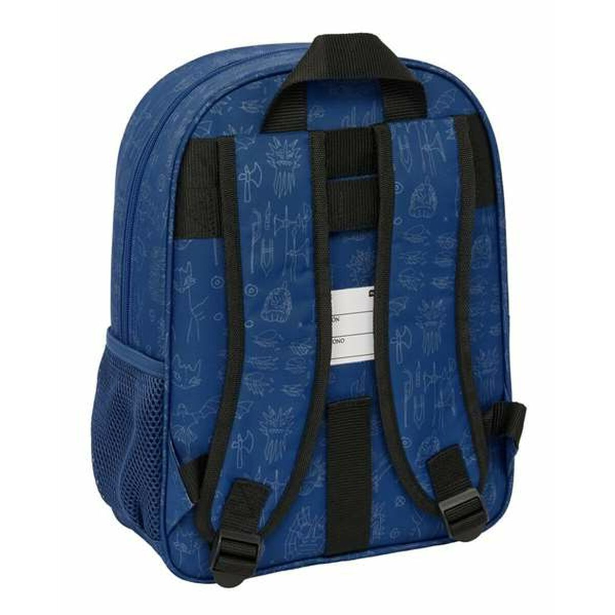 Ein blauer Rucksack mit schwarzen Trägern und einem Griff. Er hat eine Seitentasche mit Netz und ein Muster aus Zeichnungen.