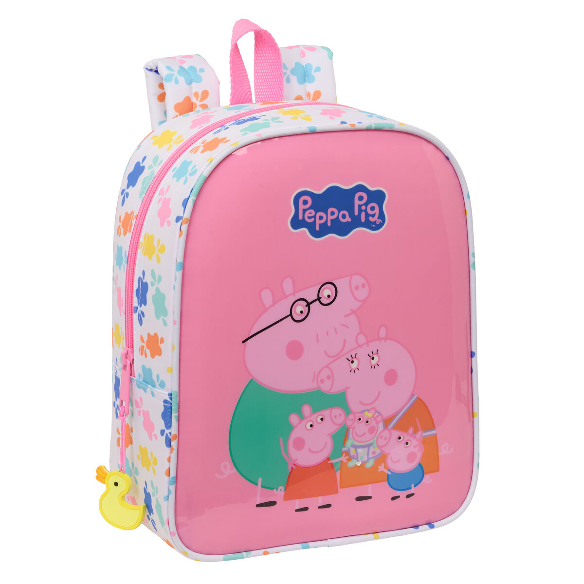 Rosa Peppa Wutz Rucksack mit Illustration der Peppa Wutz Familie. Er hat einen Enten-Reißverschluss und Blumenakzente.