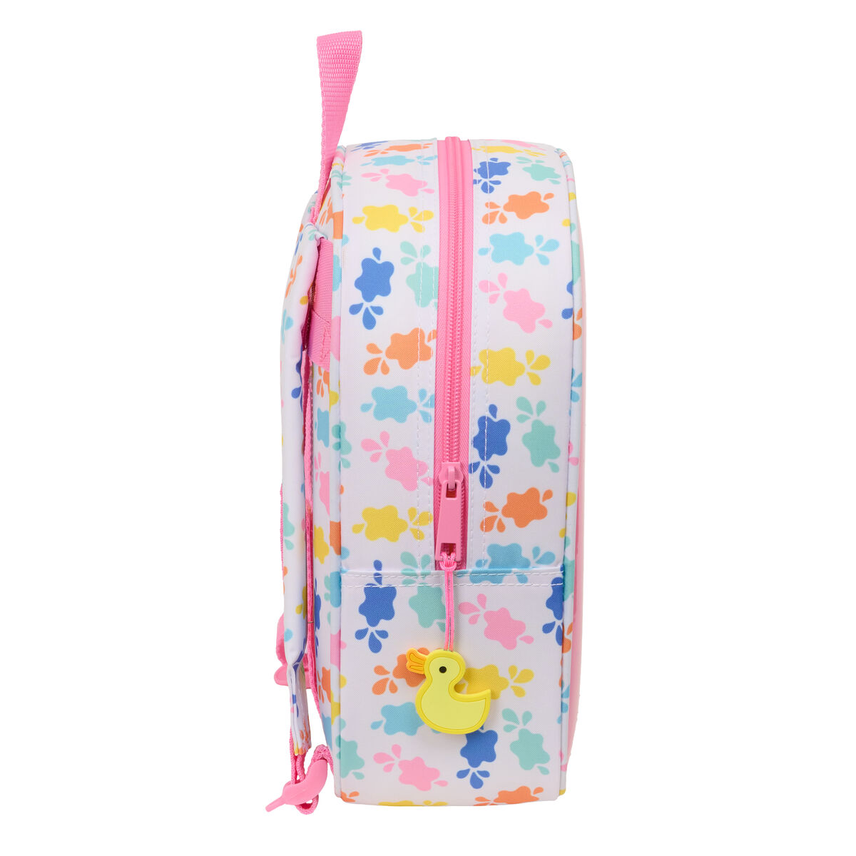 Eine weiße Lunchtasche mit bunten Spritzmustern. Sie hat einen rosa Reißverschluss und einen gelben Entenanhänger. Der Griff und die Zierleiste sind rosa.