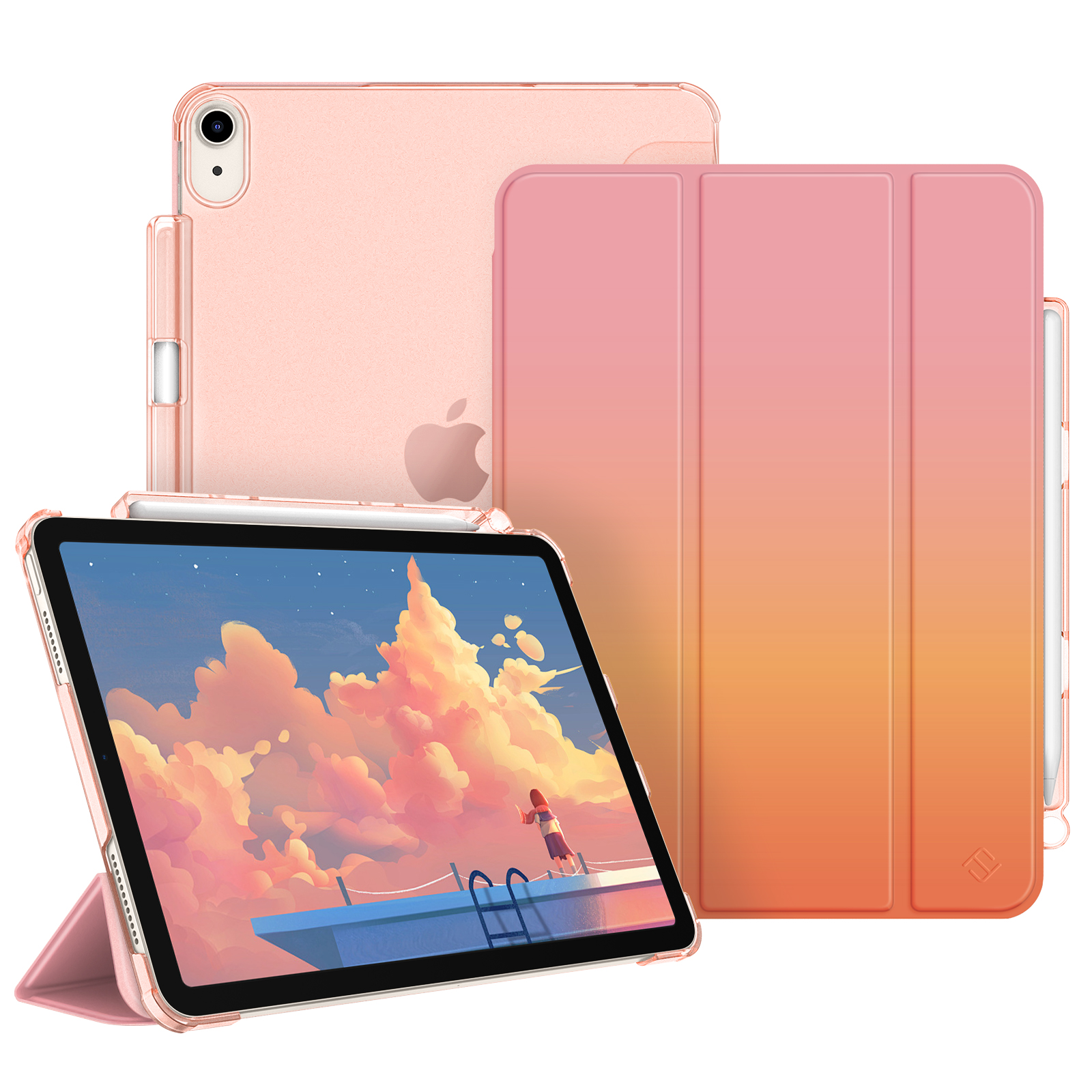 Rosa iPad mit Hülle, Stift. Der Bildschirm zeigt eine Person auf einem Steg, Sonnenuntergang. Eine weitere Hülle ist sichtbar.