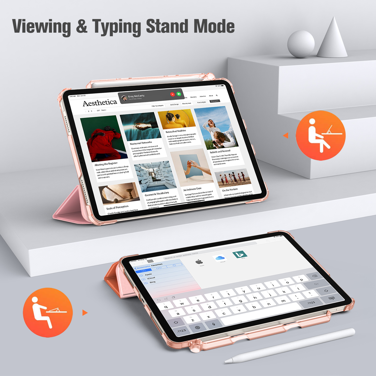 Zwei iPads im Ständermodus, eines mit einer Website, das andere mit einer Tastatur. Weißer Hintergrund.