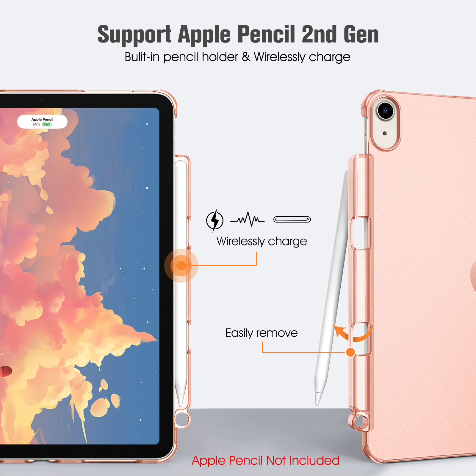Ein iPad mit Stift, Hülle und Text, der den Apple Pencil 2nd Gen unterstützt. Zeigt kabelloses Laden und einfaches Entfernen.