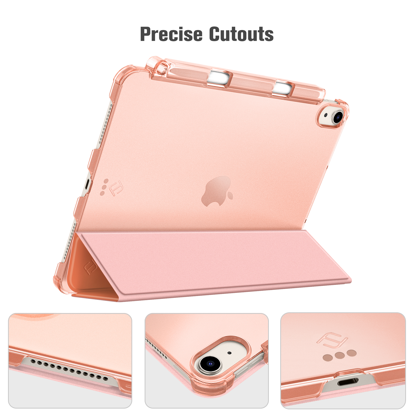 Eine rosa iPad-Hülle mit faltbarem Ständer. Die Hülle befindet sich auf weißem Hintergrund. Präzise Ausschnitte sind sichtbar.