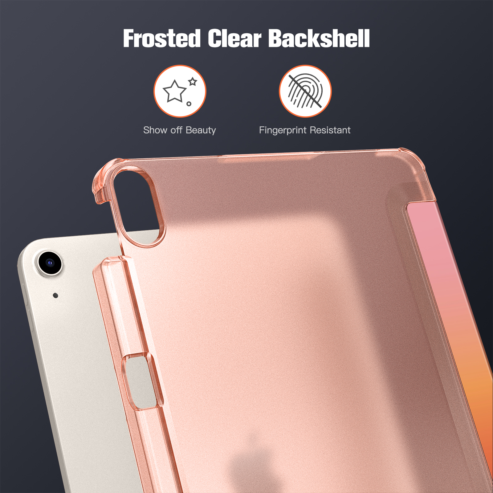 Eine klare, matte Rückschale für ein iPad. Sie ist roségoldfarben, hat einen klaren Rand und befindet sich auf einem cremefarbenen iPad.