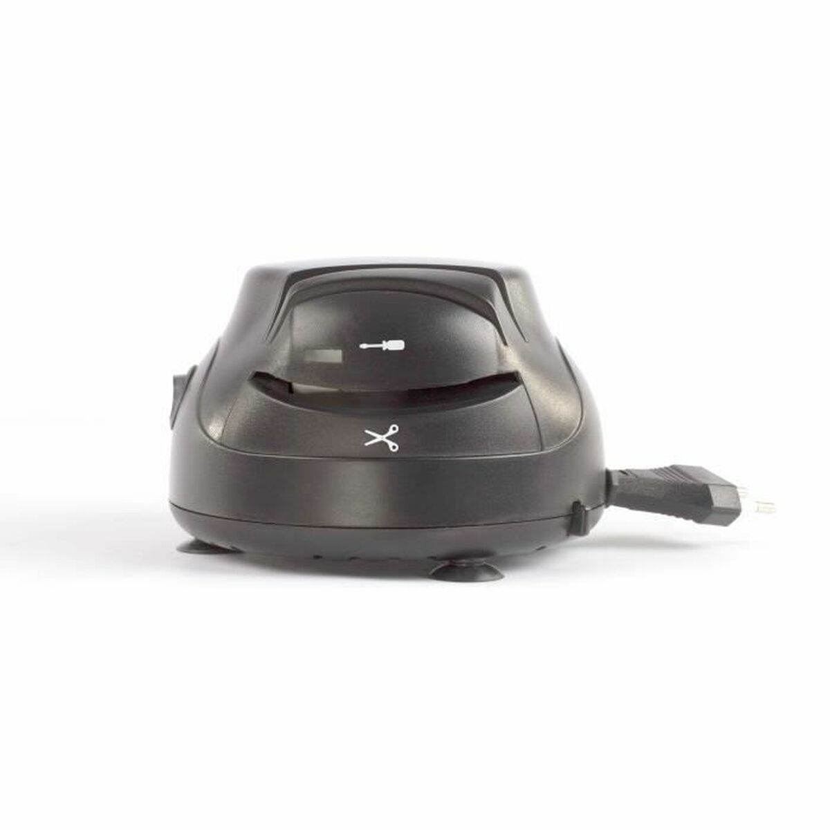 Schwarzes Elektrowerkzeug mit Kabel, Saugnäpfen an der Unterseite und weißen Symbolen für Schraubendreher und Schere.