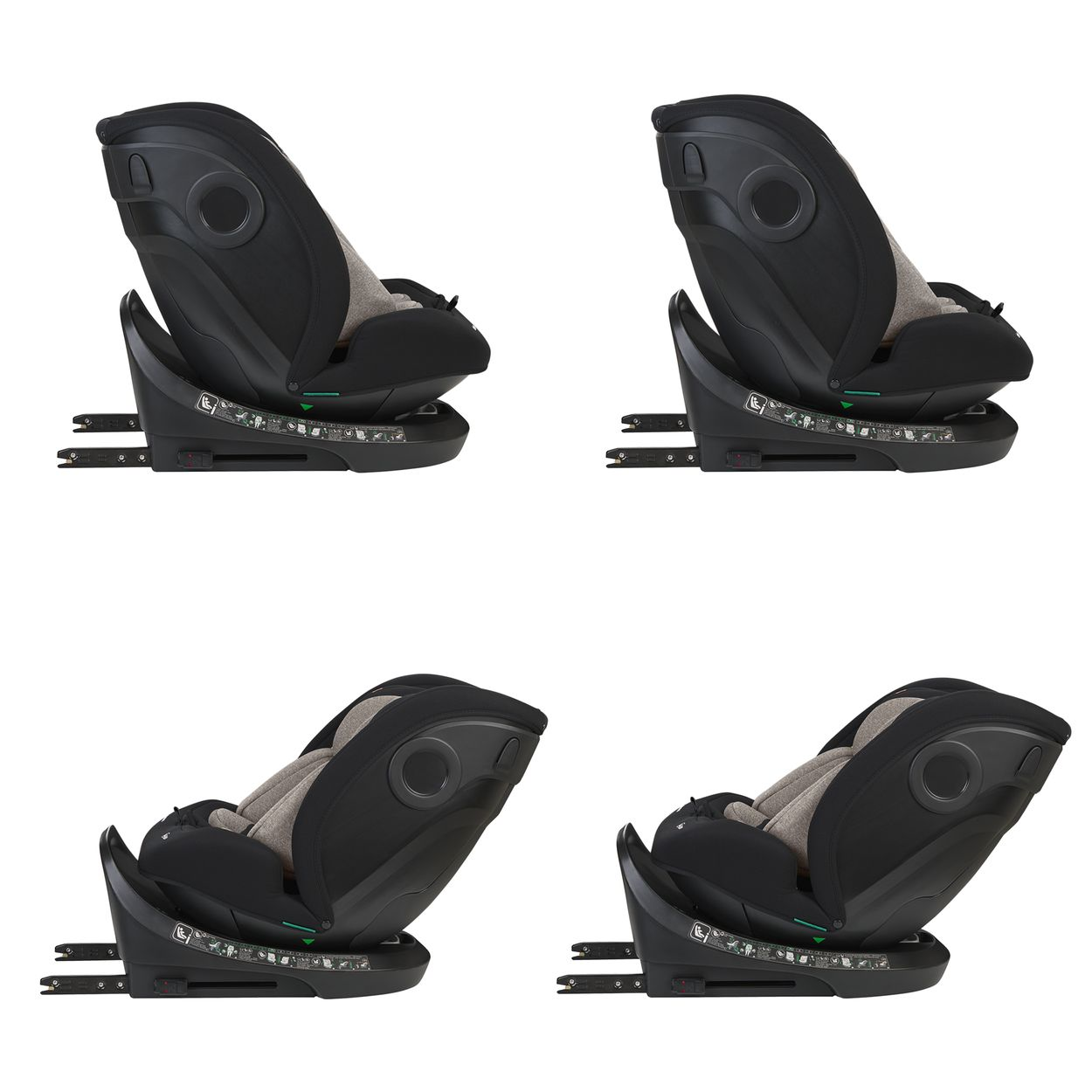 Se muestran cuatro asientos para automóvil, negros y grises, sobre un fondo blanco. Cada asiento está en ángulo, mostrando diseño y características.