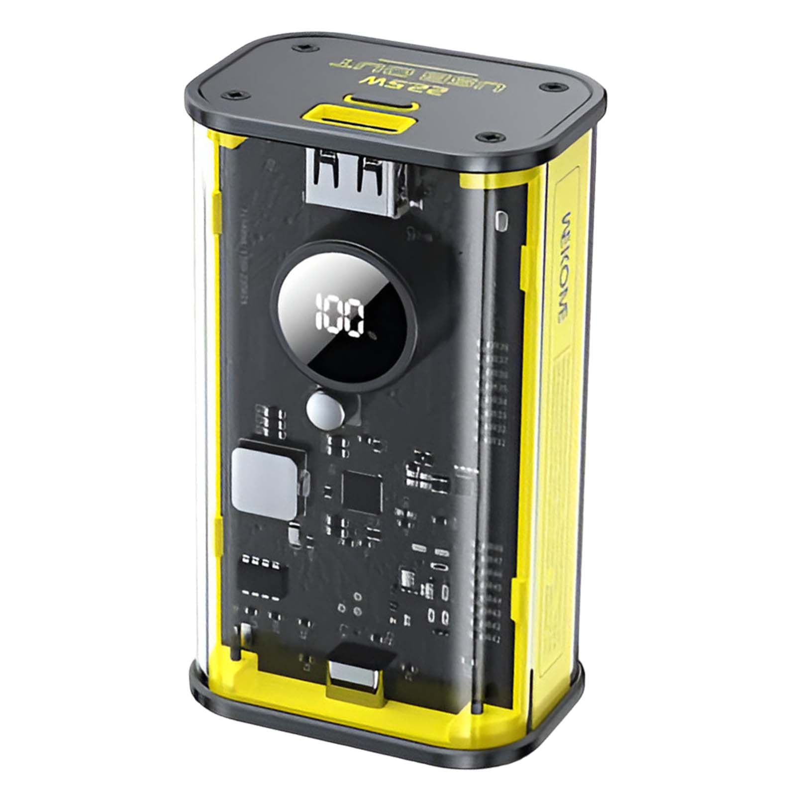 Un banco de energía negro y amarillo, que muestra el 100% de carga, con puertos USB. Carcasa de plástico transparente.