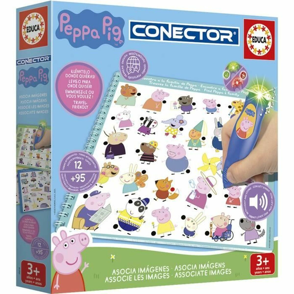 Eine Peppa Pig Conector Spielbox. Es gibt viele Zeichentrickfiguren auf dem Spielbrett und ein blauer Stift schwebt darüber.