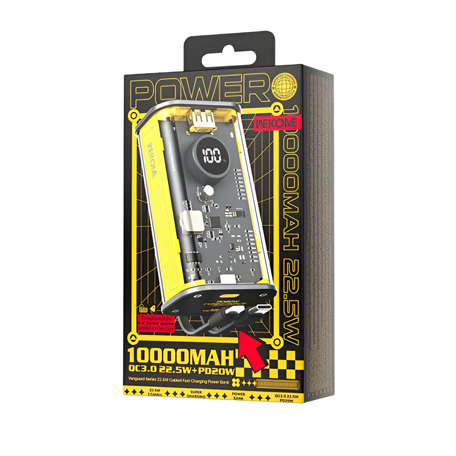 Una caja de batería externa amarilla y negra con una pantalla digital que muestra 100. Texto: '10000mAh OC3.0 22.5W+PD20W'.