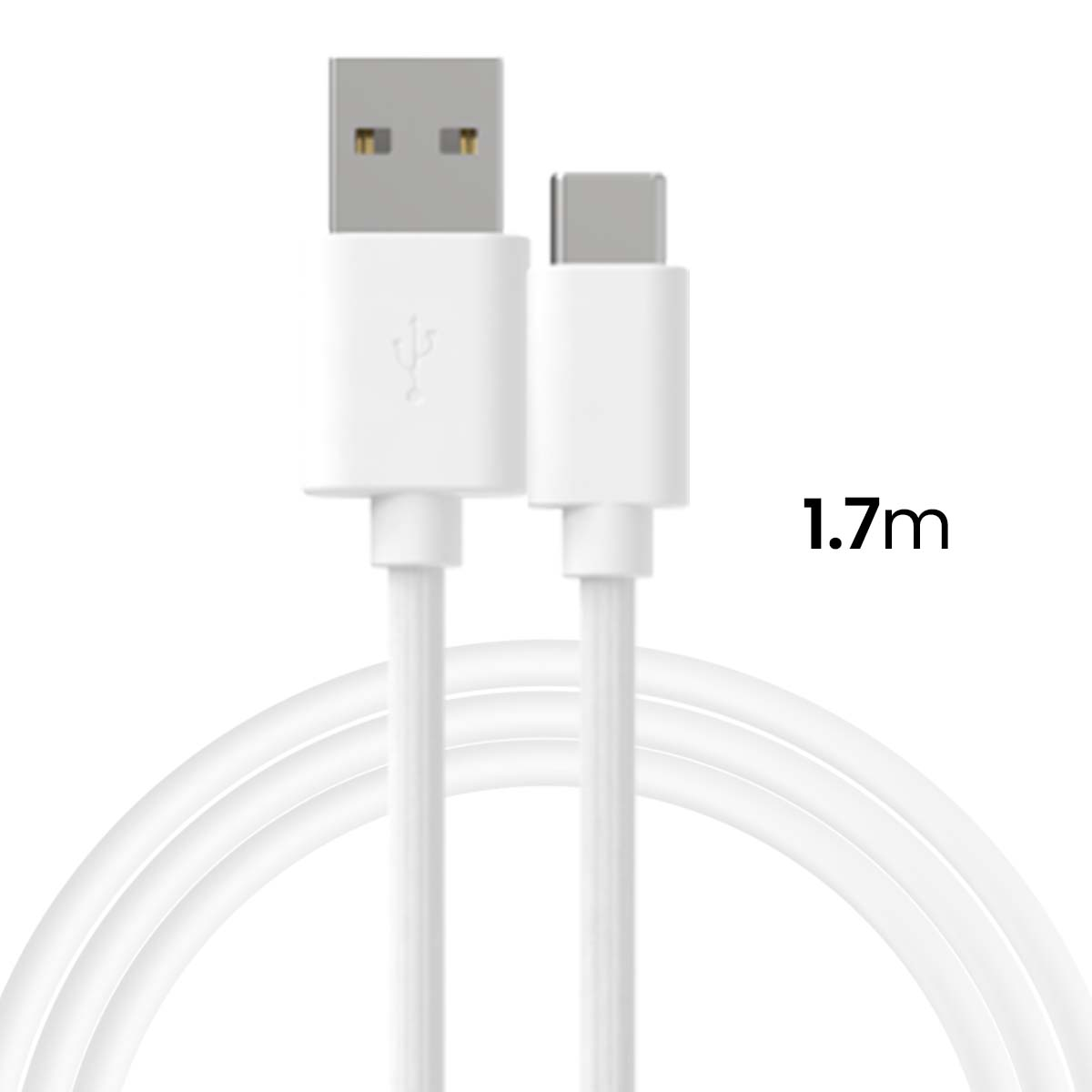 Cavo USB bianco con connettori USB-A e USB-C. Il cavo è arrotolato. È indicata una lunghezza di 1,7 m.