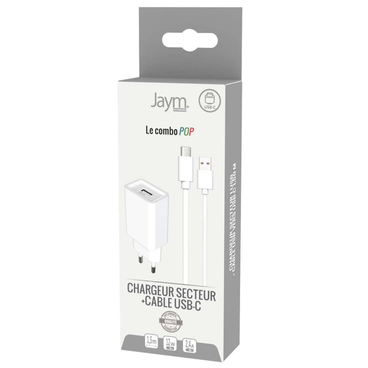 Una scatola bianca per caricatore Jaym. con caricatore e cavo USB-C. Il testo include 'CHARGEUR SECTEUR + CABLE USB-C' e 'Le combo POP'.