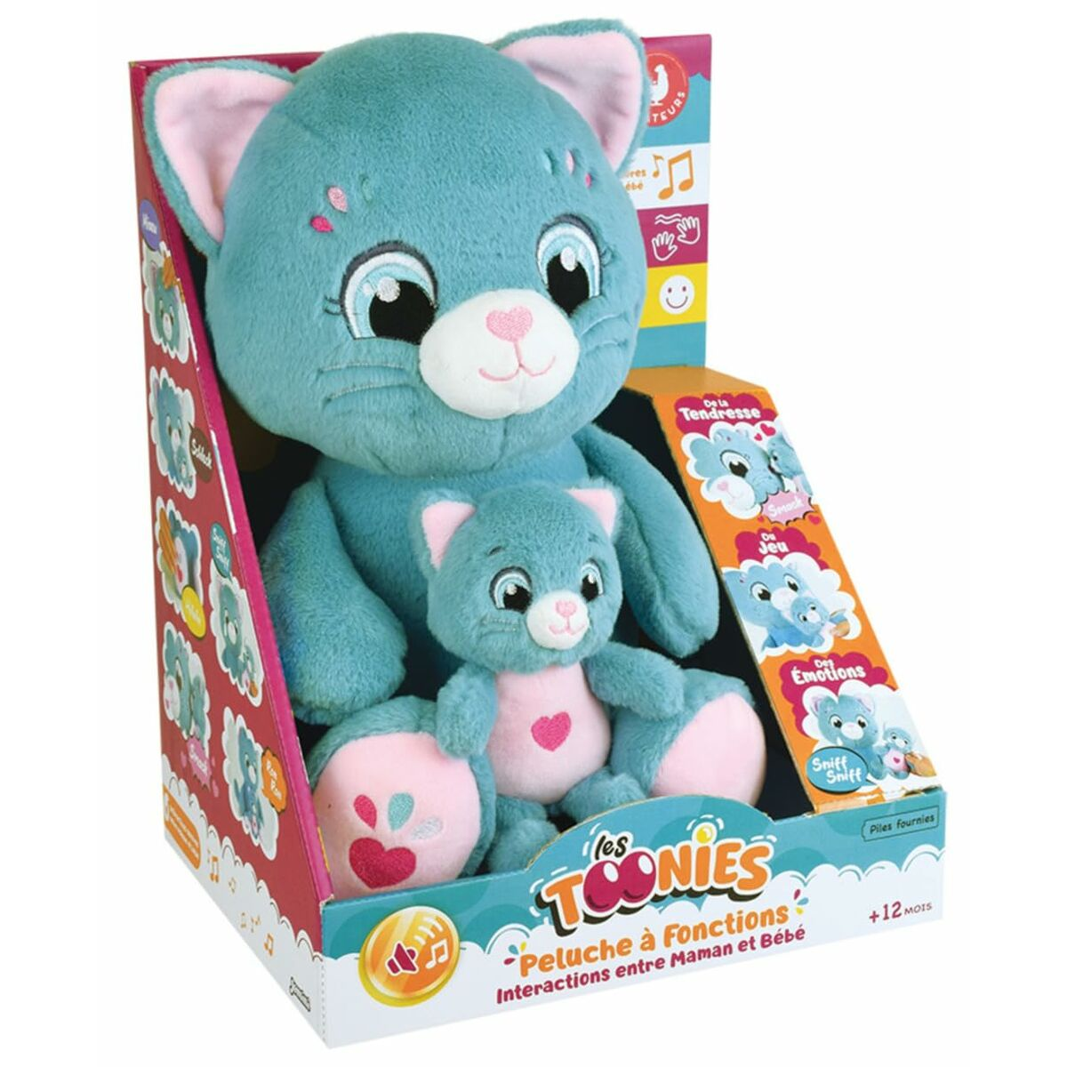 Ein blaues Katzenplüschtierset, Mutter und Baby, in einer Box mit französischem Text. Die Spielzeuge haben rosa Akzente.