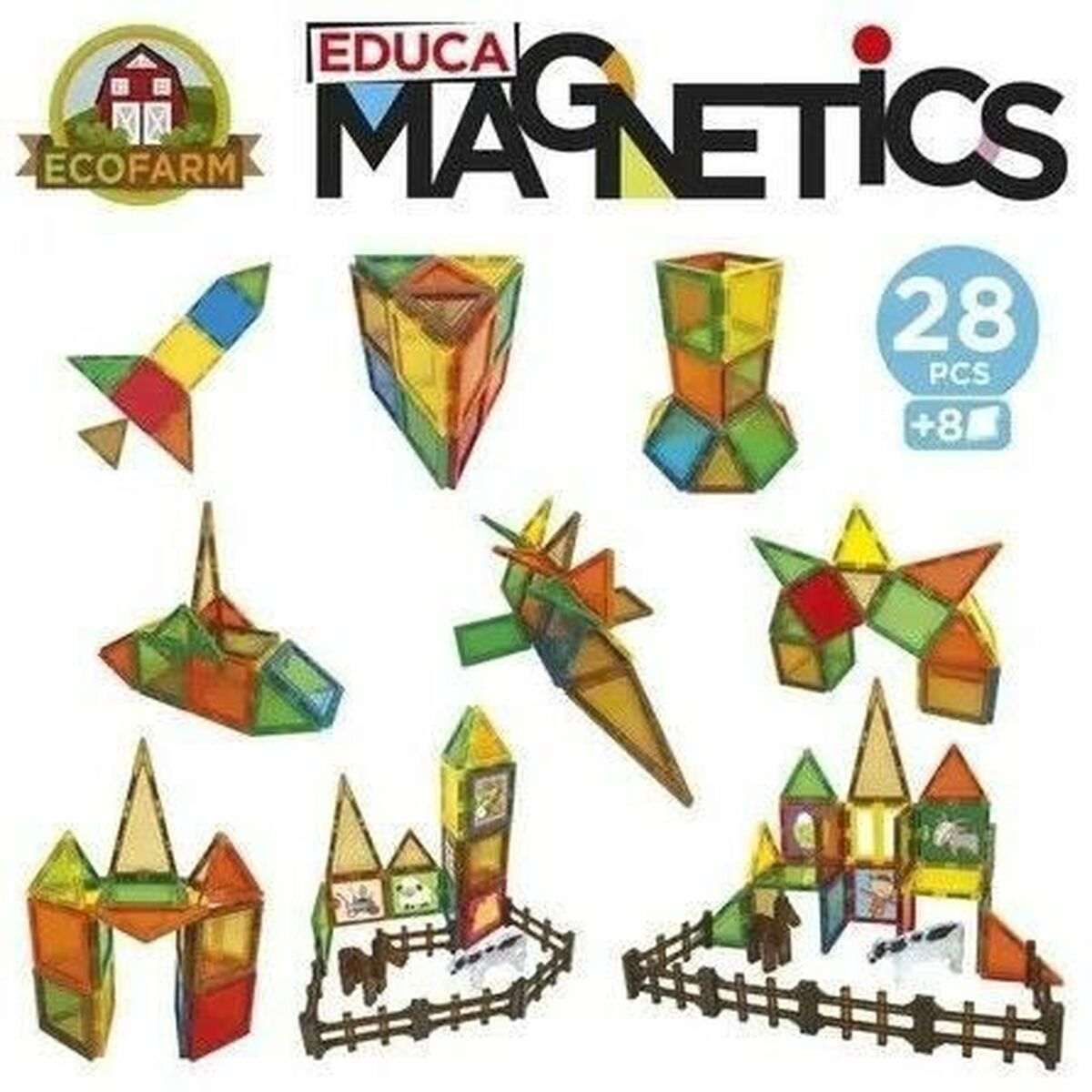 Blocchi magnetici colorati. Varie forme: razzo, piramide, torre e case con recinzioni. Testo: Magnetics, 28 pezzi +8.