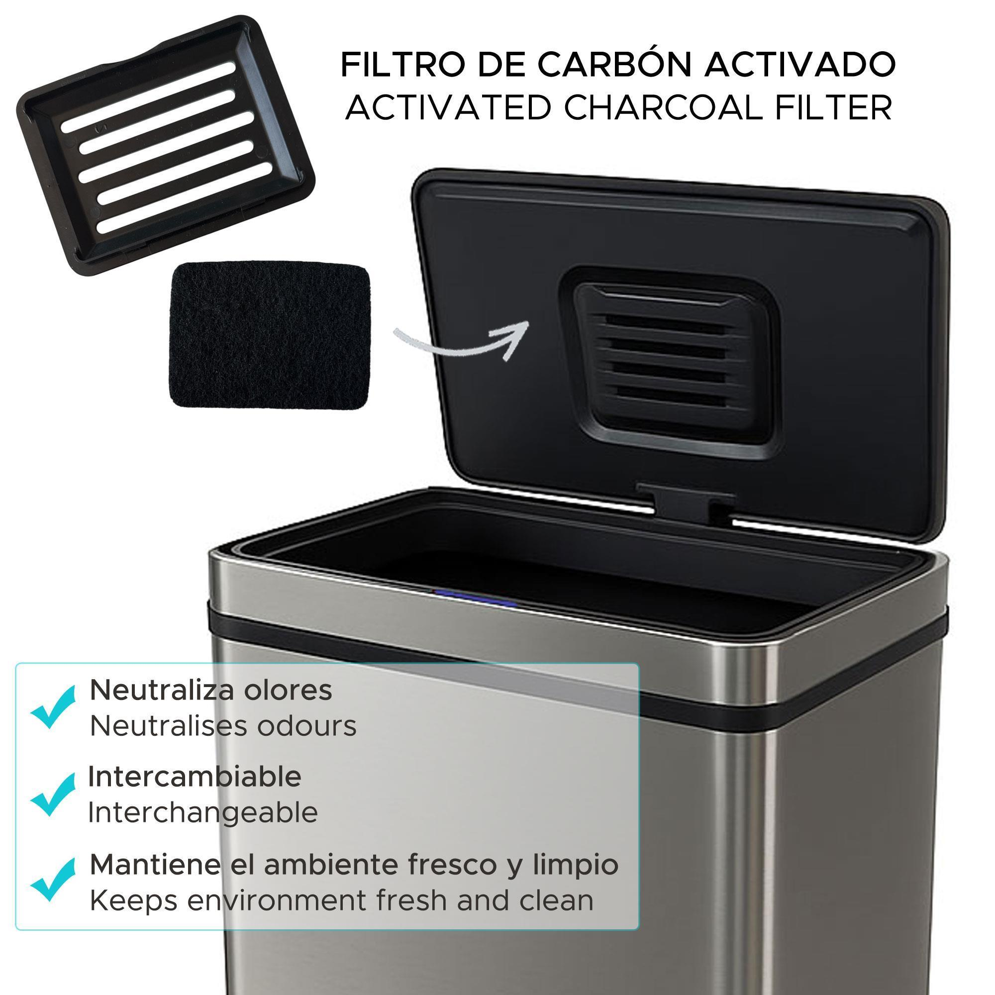 Un basurero abierto con filtro negro y filtro de carbón activado, con texto en español e inglés.