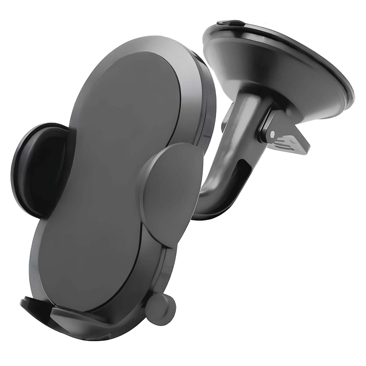 Un soporte negro para teléfono de coche. Tiene ventosa, brazo curvo y soporte para asegurar el teléfono.