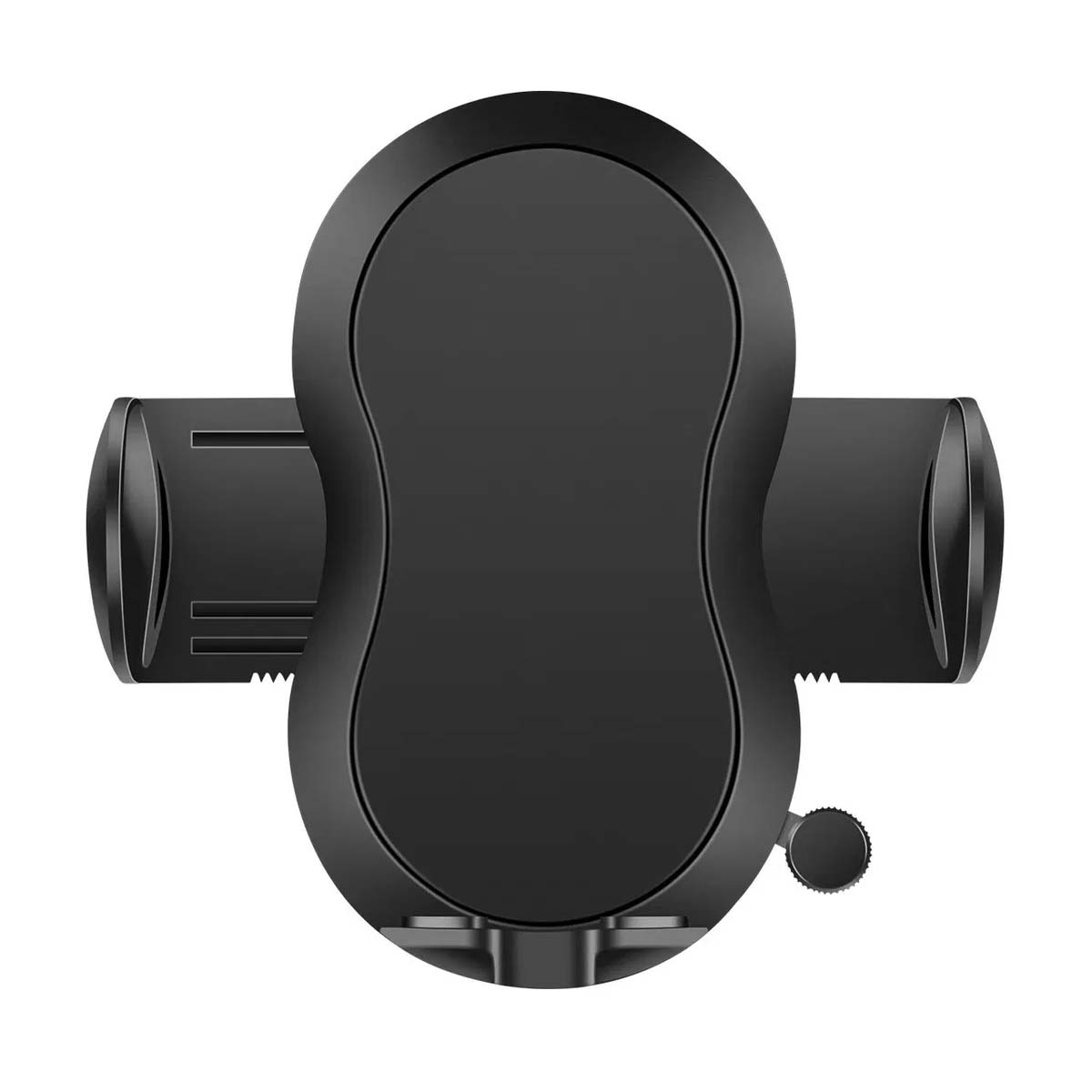 Un soporte negro para teléfono de coche, visto desde arriba. Tiene una sección central grande y dos brazos laterales. Se ve un pequeño botón.