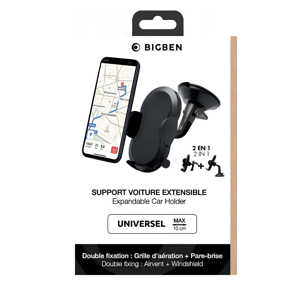 Soporte negro para teléfono de coche con un teléfono que muestra un mapa. Dice 'BIGBEN' arriba. Texto: 'Support Voiture Extensible'.