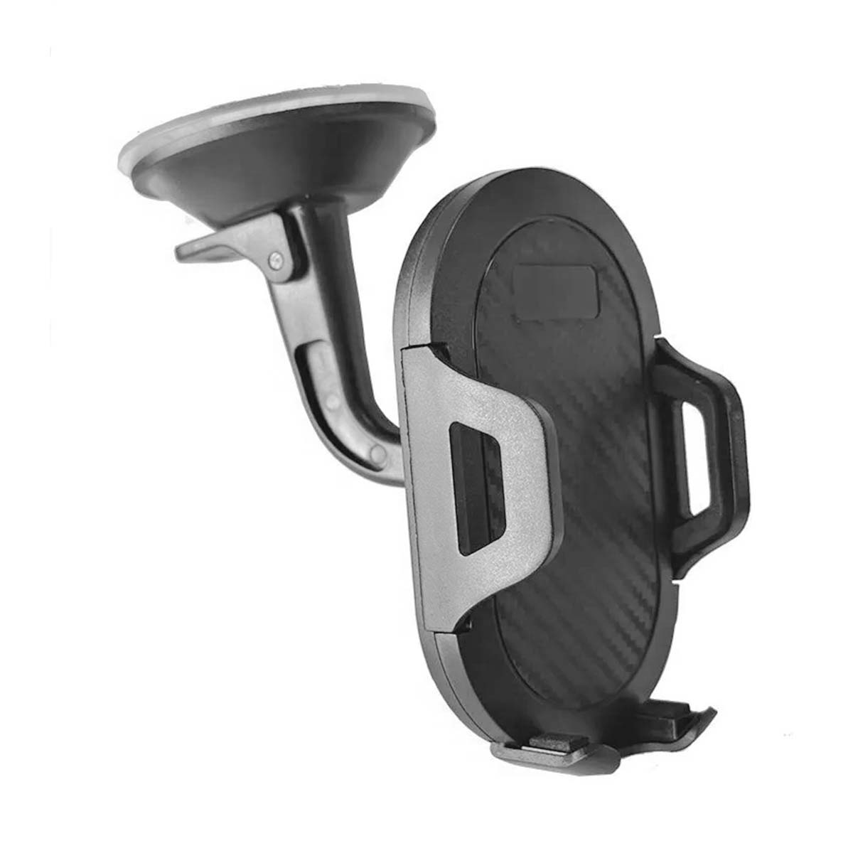 Un soporte negro para teléfono de coche con ventosa. Tiene una superficie texturizada y un brazo plateado.