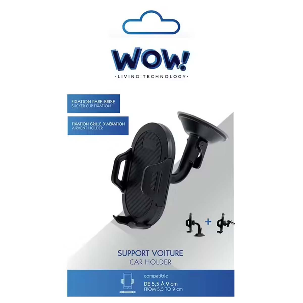 Soporte para teléfono de coche negro con ventosa. El texto incluye "WOW!", "Car Holder" y especificaciones de tamaños de teléfono.