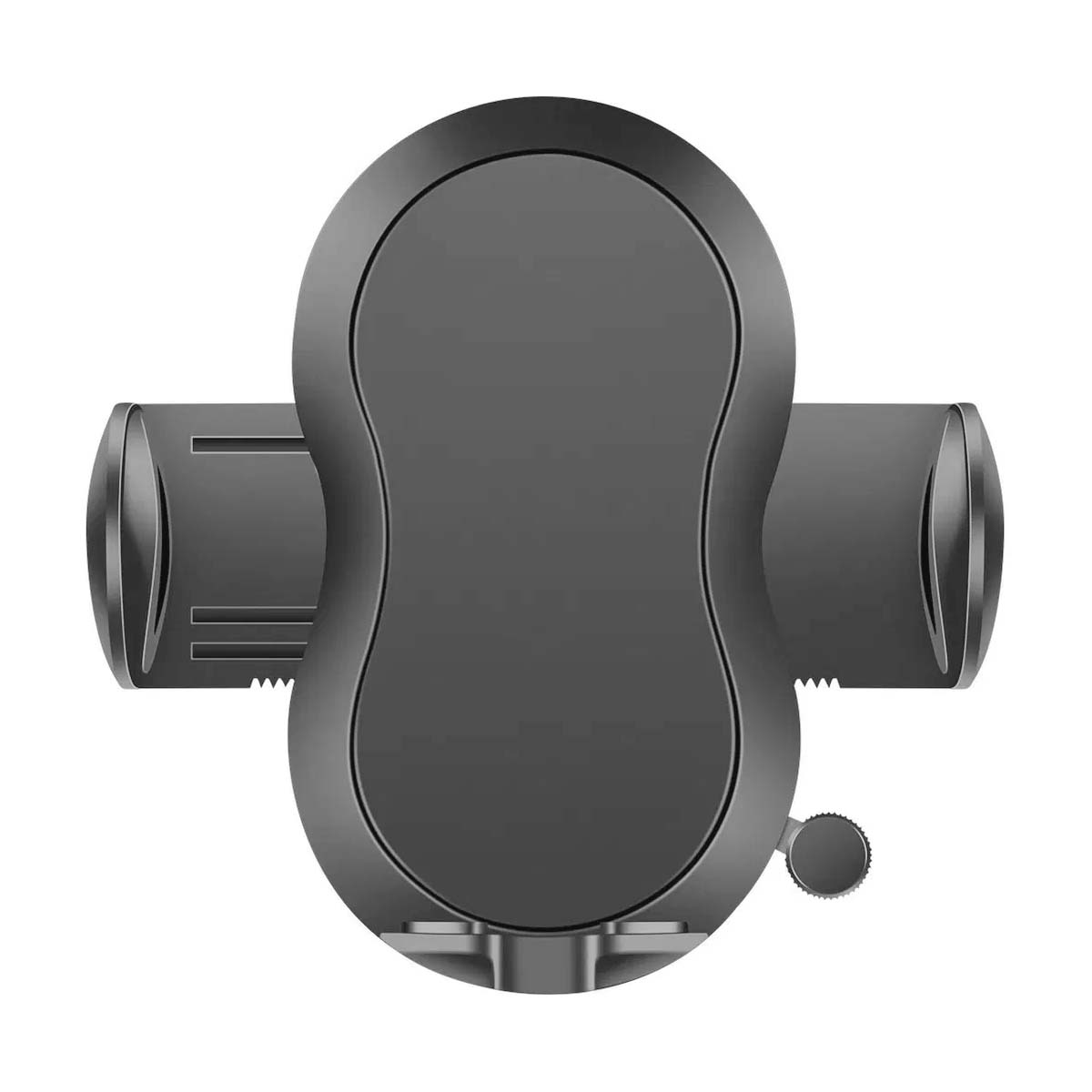 Vista superior de un soporte para teléfono de coche gris oscuro. Tiene un centro redondeado y dos brazos laterales, además de una perilla circular.