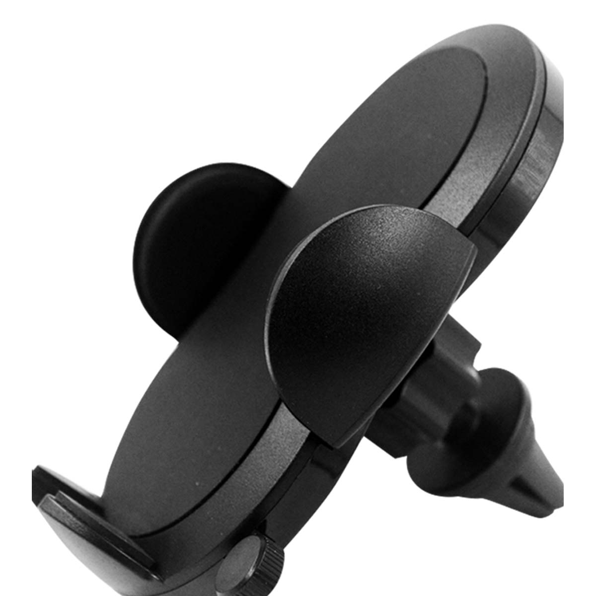Se muestra un soporte negro para teléfono de automóvil. Tiene una base circular y brazos curvos para sujetar el teléfono. El soporte está sobre un fondo blanco.